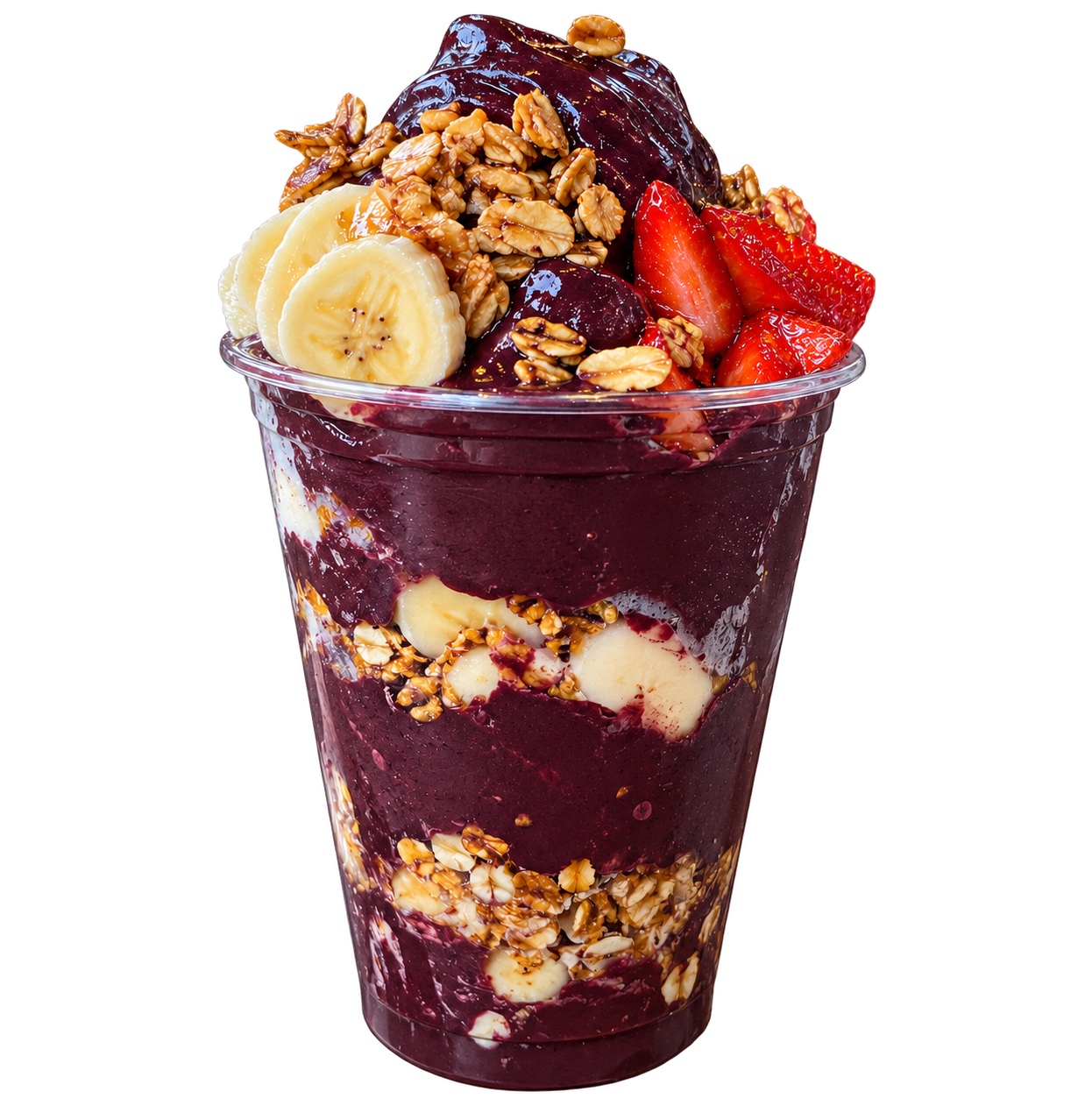 Copo grande de açaí cremoso com banana, morango e granola