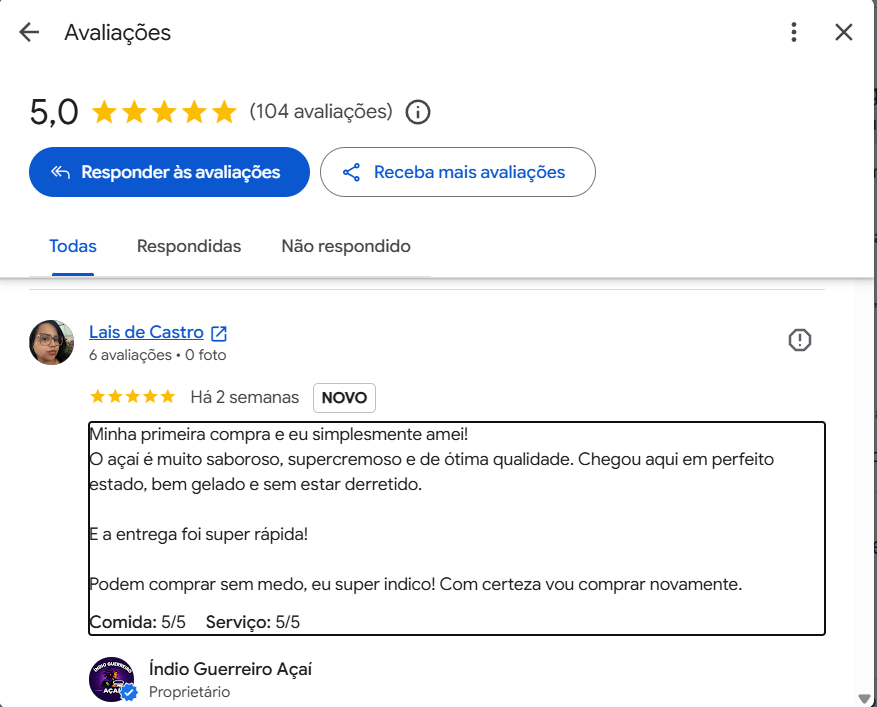 Avaliação de cinco estrelas de Lais de Castro sobre a cremosidade, a qualidade e a entrega rápida