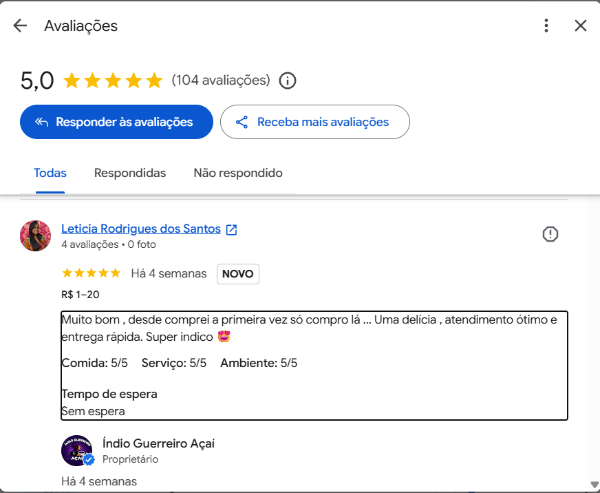 Avaliação de cinco estrelas de Leticia Rodrigues recomendando o açaí, o atendimento e a entrega