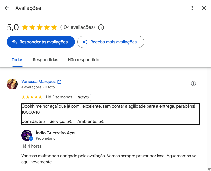 Avaliação de cinco estrelas de Vanessa Marques elogiando o açaí e a agilidade da entrega